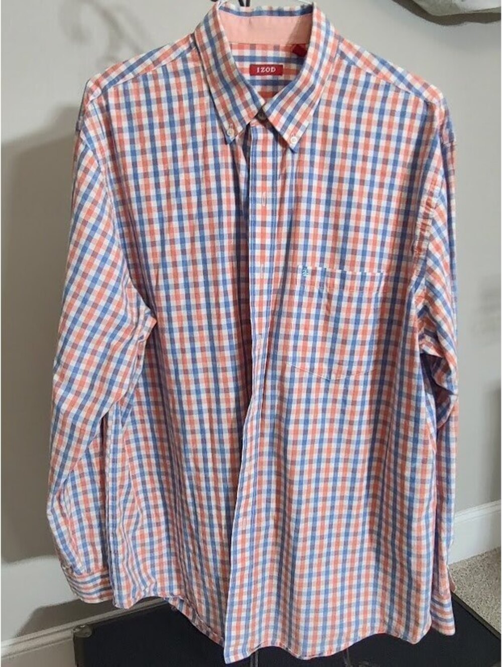 IZOD Men's XL Button-Down Orange and Blue Checkered Shirt
